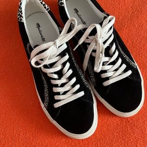 Madewell Black Sidewalk Low Top Sneaker Leather Real Fur Animal Print Size 10.